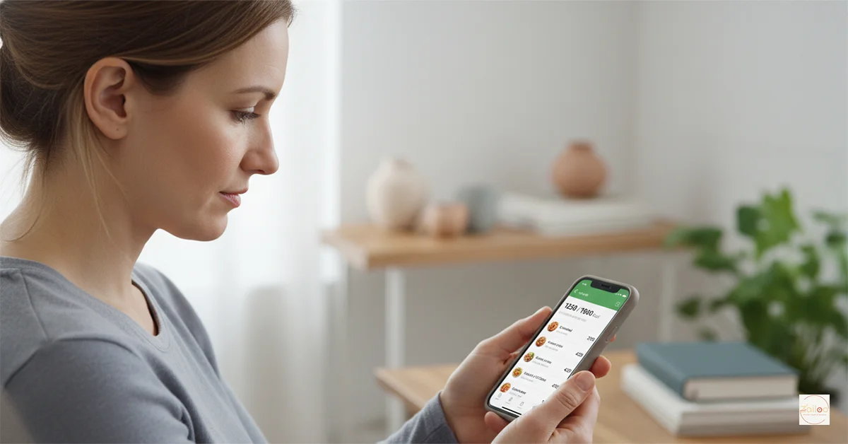 Woman looking at a calorie tracker on her phone