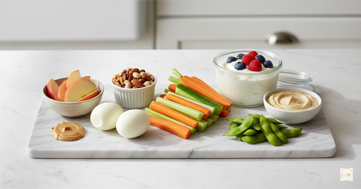 High-protein calorie-deficient snacks for women including eggs, nuts, Greek yogurt, vegetables with hummus, and fresh fruits
