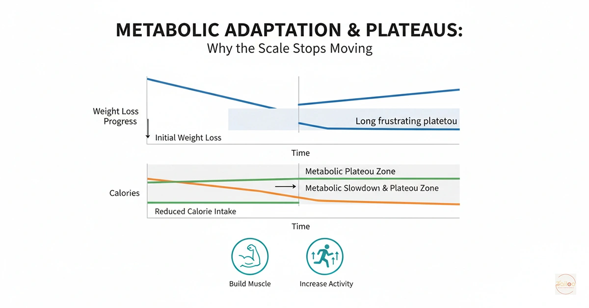 Infographic illustrating metabolic adaptation and weight loss plateau with a graph.