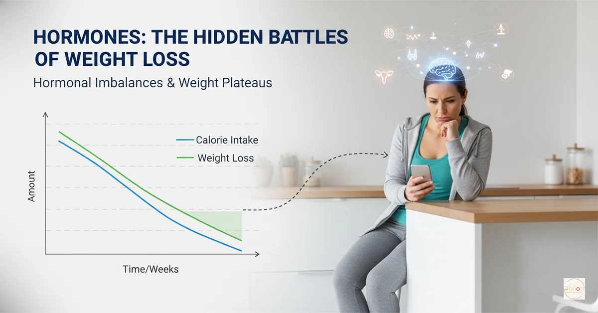 Woman looking concerned with abstract hormone icons, chart showing weight plateau.