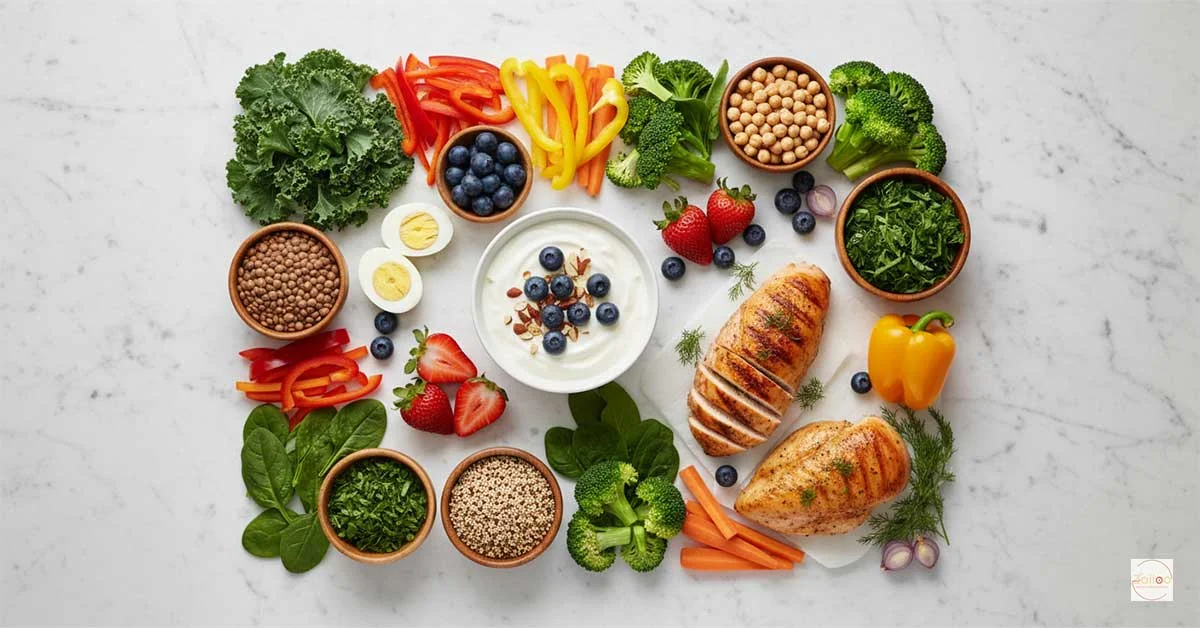 Nutrient-dense ingredients for calorie-deficient meals for women including Greek yogurt, lean proteins, vegetables, and whole grains