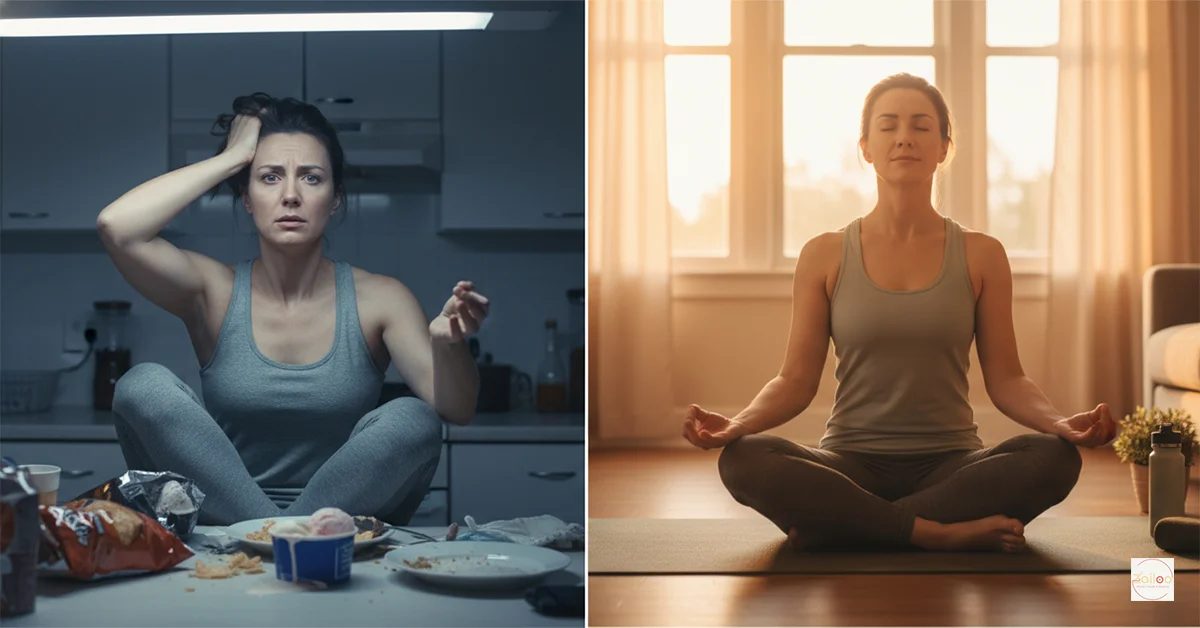 A woman looking stressed, perhaps holding a snack, then transitioning to a calm, mindful state