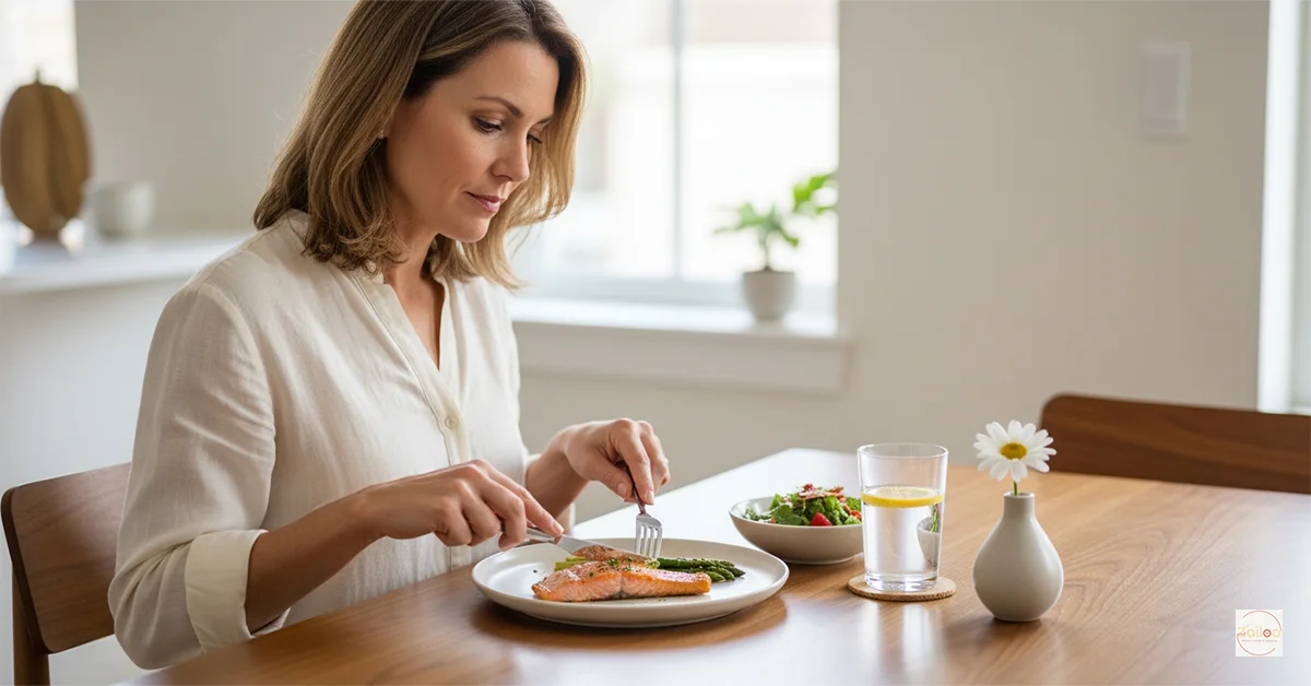 A woman mindfully eating a small, healthy meal at a table, no distractions.