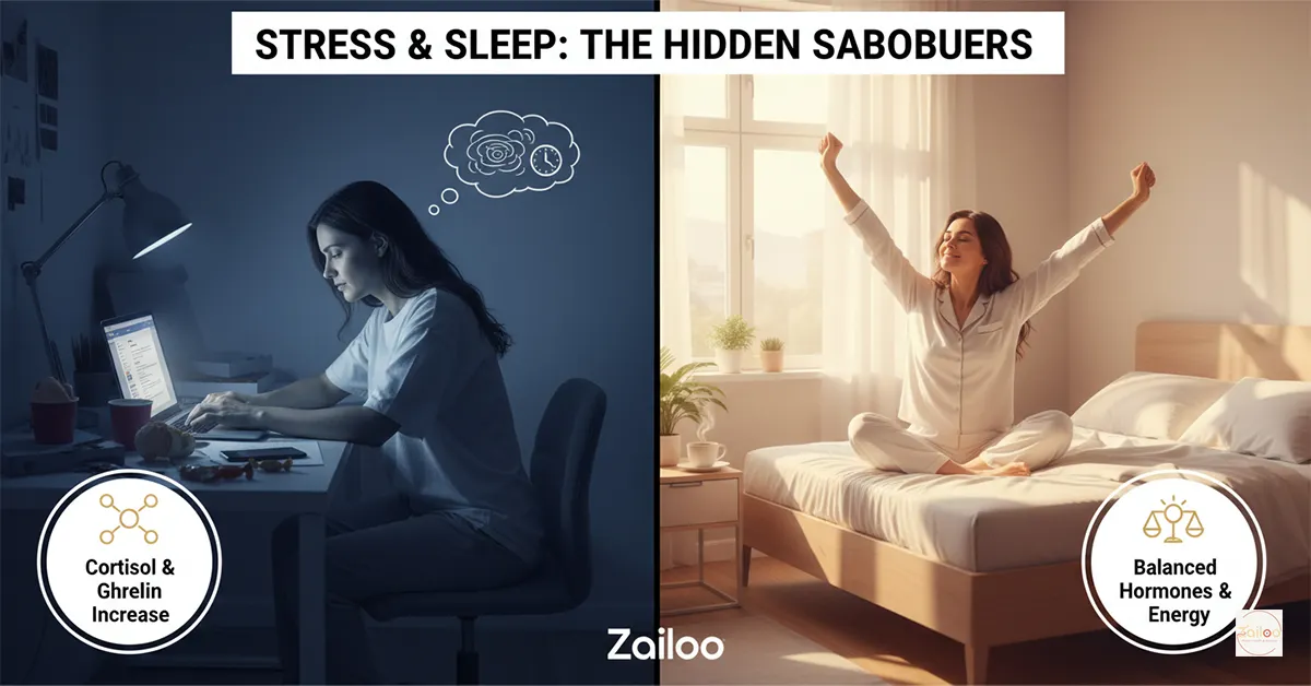 Split image: Stressed woman at laptop with junk food vs. refreshed woman stretching in morning light.