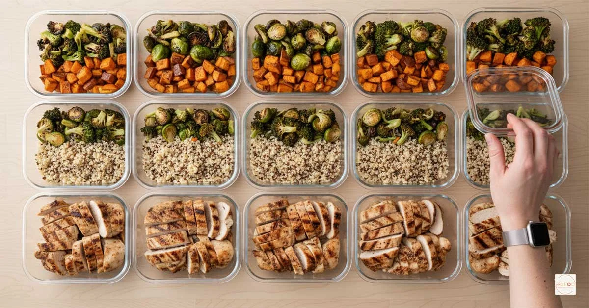 Component-based meal prep showing calorie-deficient meals for women with separated proteins, grains, and roasted vegetables in containers