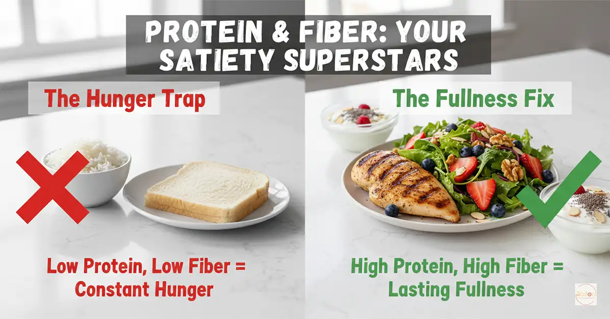 Split image comparing low protein/fiber meal with high protein/fiber meal for satiety.