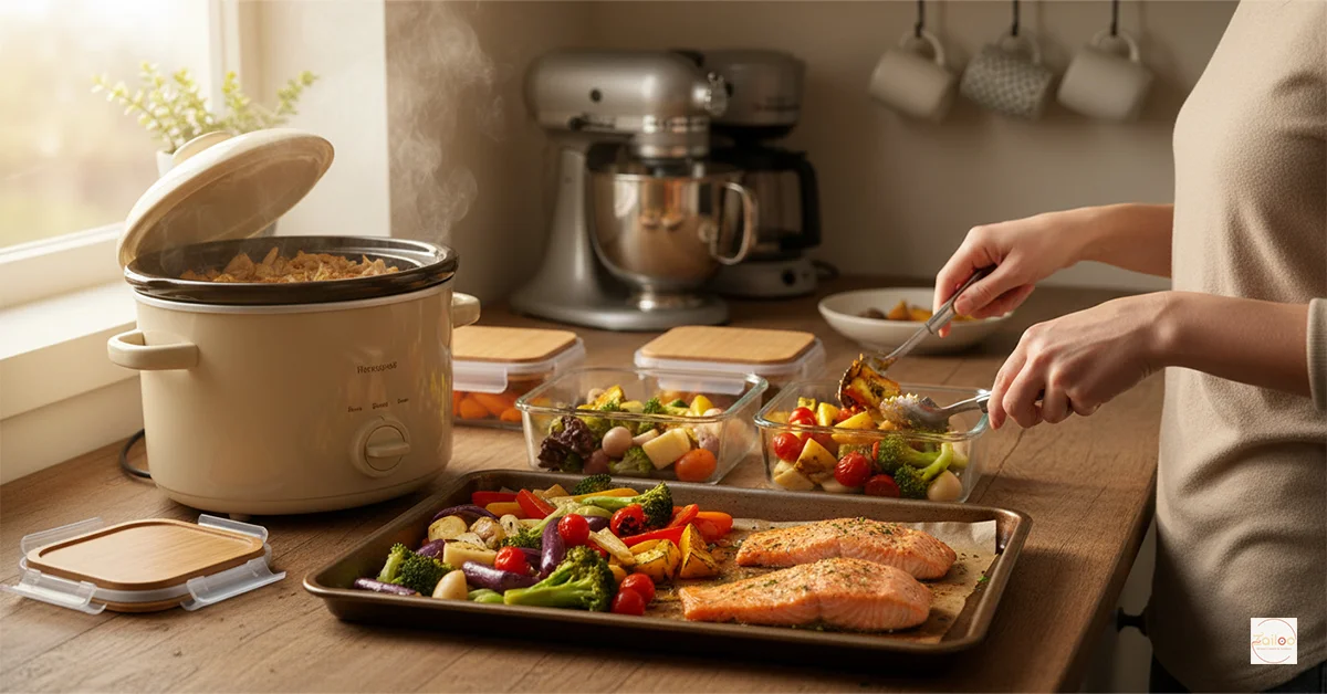 Batch cooking calorie-deficient meals for busy women using slow cooker and sheet pan with chicken and vegetables