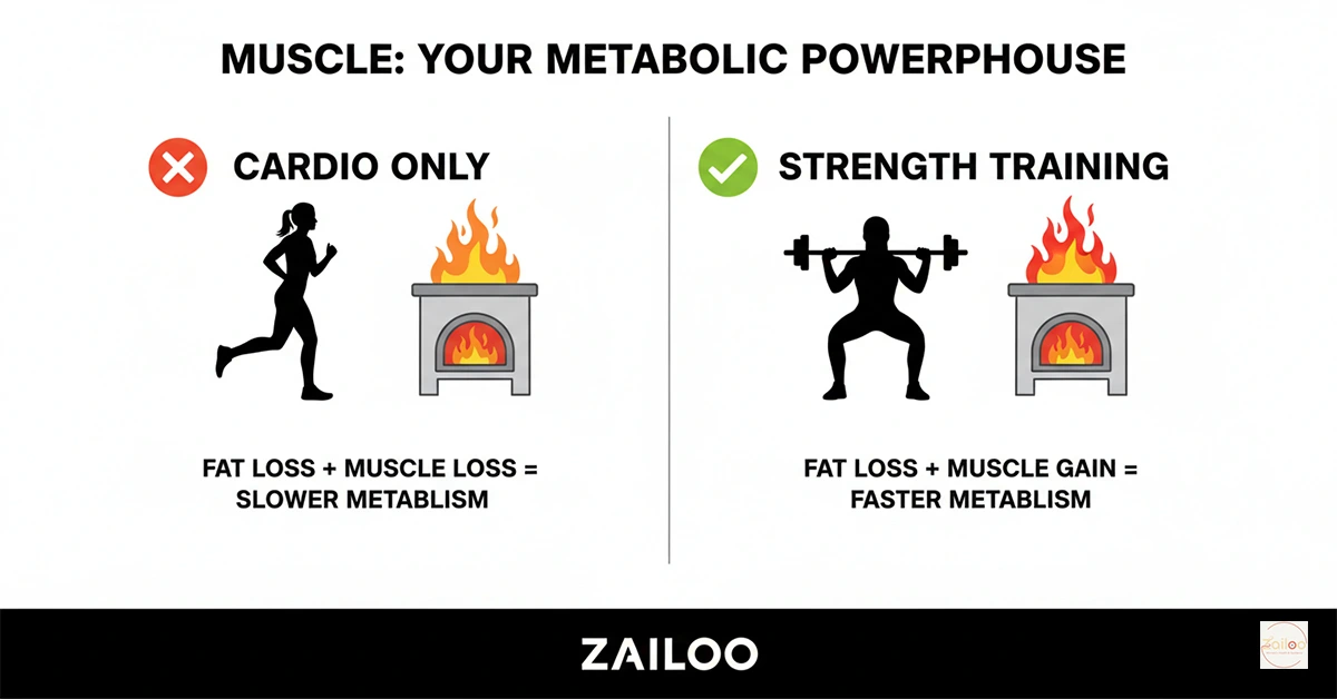 Infographic comparing cardio only vs strength training for metabolism and fat loss.
