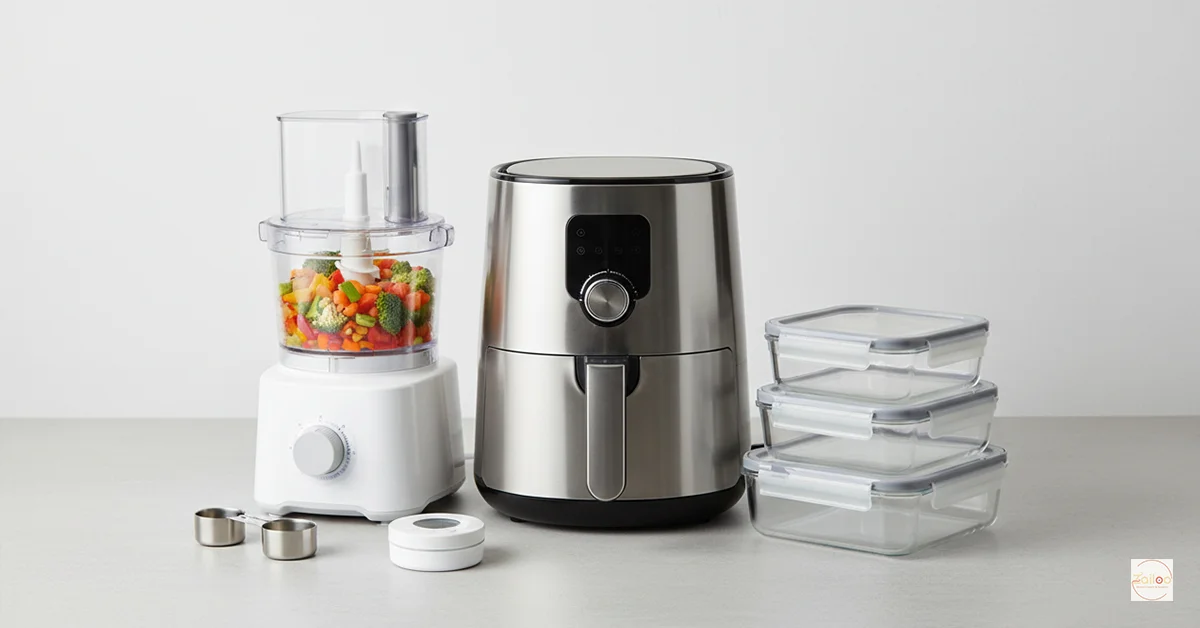 Essential kitchen tools for preparing quick calorie-deficient meals including air fryer, food processor, and meal prep containers