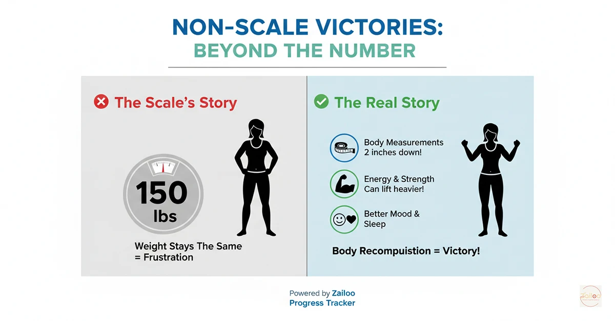 Infographic comparing scale's story vs real story of progress with non-scale victories.