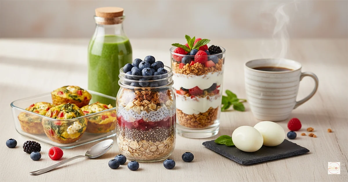 Quick calorie-deficient breakfast meals for women including overnight oats, Greek yogurt parfait, egg muffins, and protein smoothie