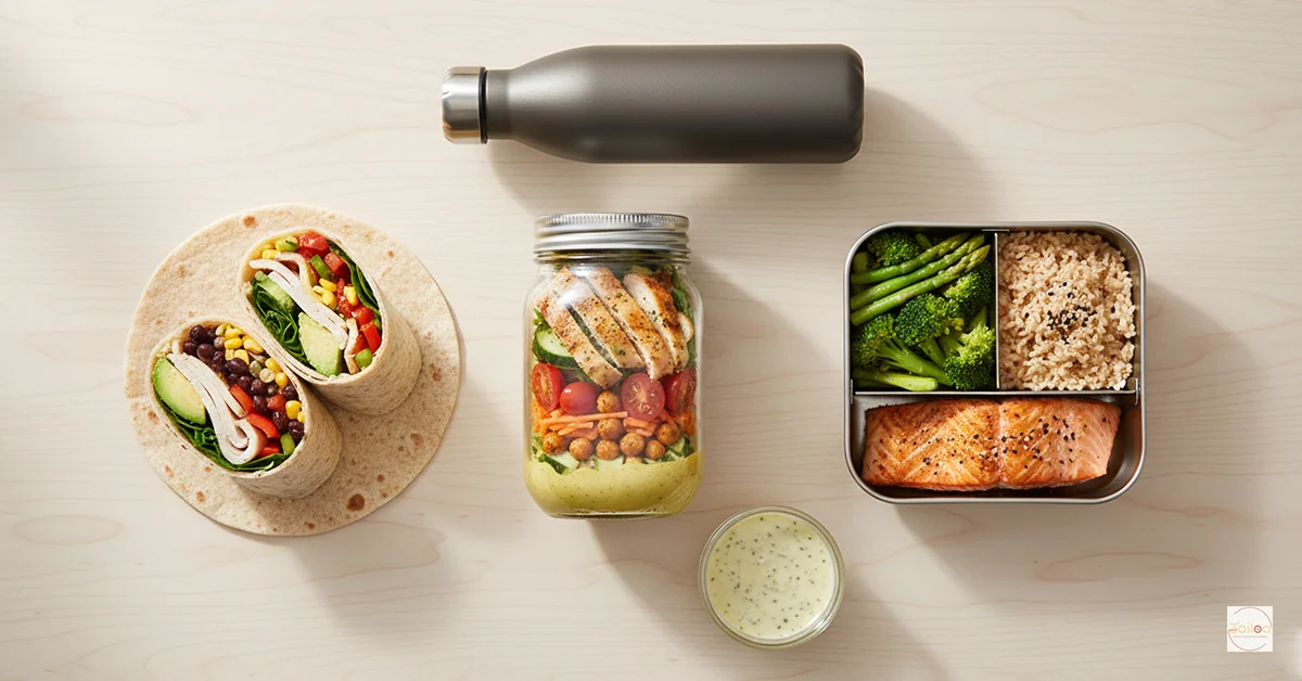 Portable calorie-deficient lunch meals for busy women featuring layered salad jars, protein wraps, and balanced bento boxes