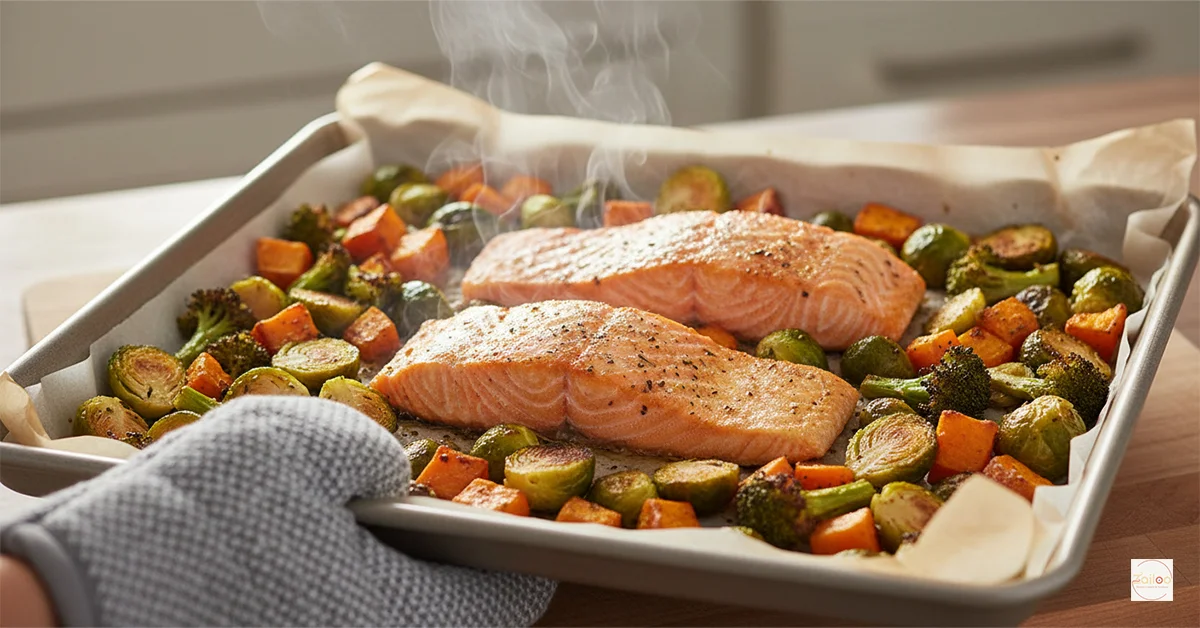 Easy one-pan calorie-deficient dinner meal with roasted salmon and colorful vegetables for busy women on the go