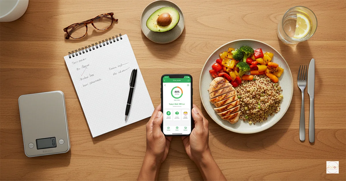 Overhead view of calorie tracking app on phone next to balanced healthy meal with chicken, vegetables, and quinoa