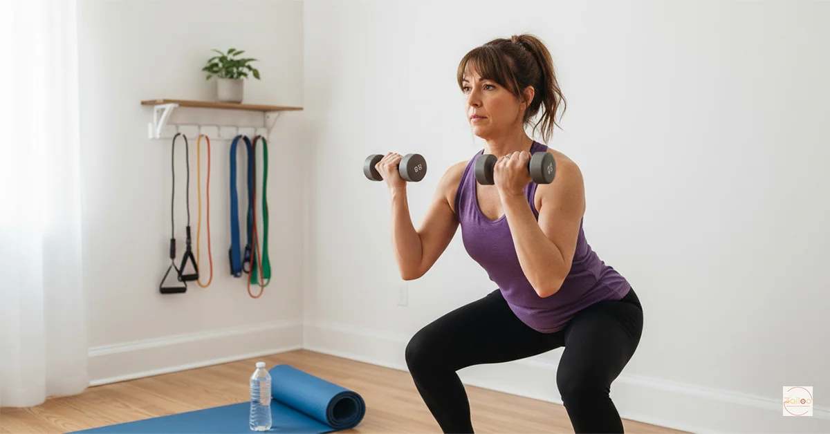 Woman performing dumbbell squats during strength training workout in home gym setting