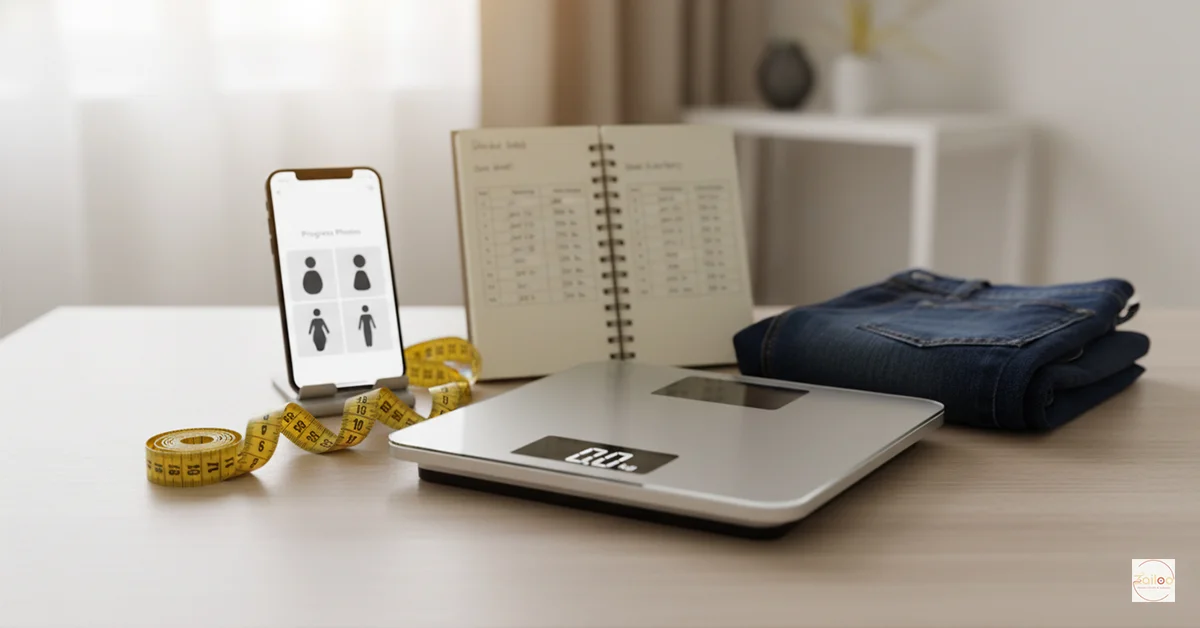 Weight loss progress tracking tools including measuring tape, scale, progress journal, and fitness app on smartphone