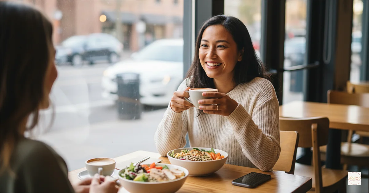 Two women having a supportive conversation over healthy meals at a café