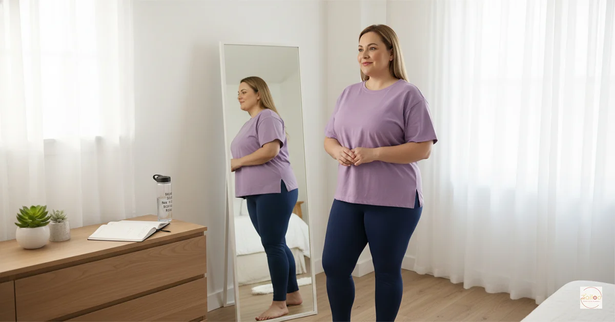 Confident woman in workout clothes looking at herself in mirror with self-acceptance and determination