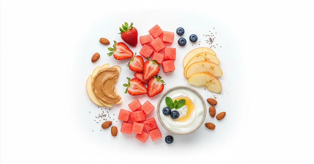 sweet low calorie snacks including berries, watermelon, apple slices, and Greek yogurt