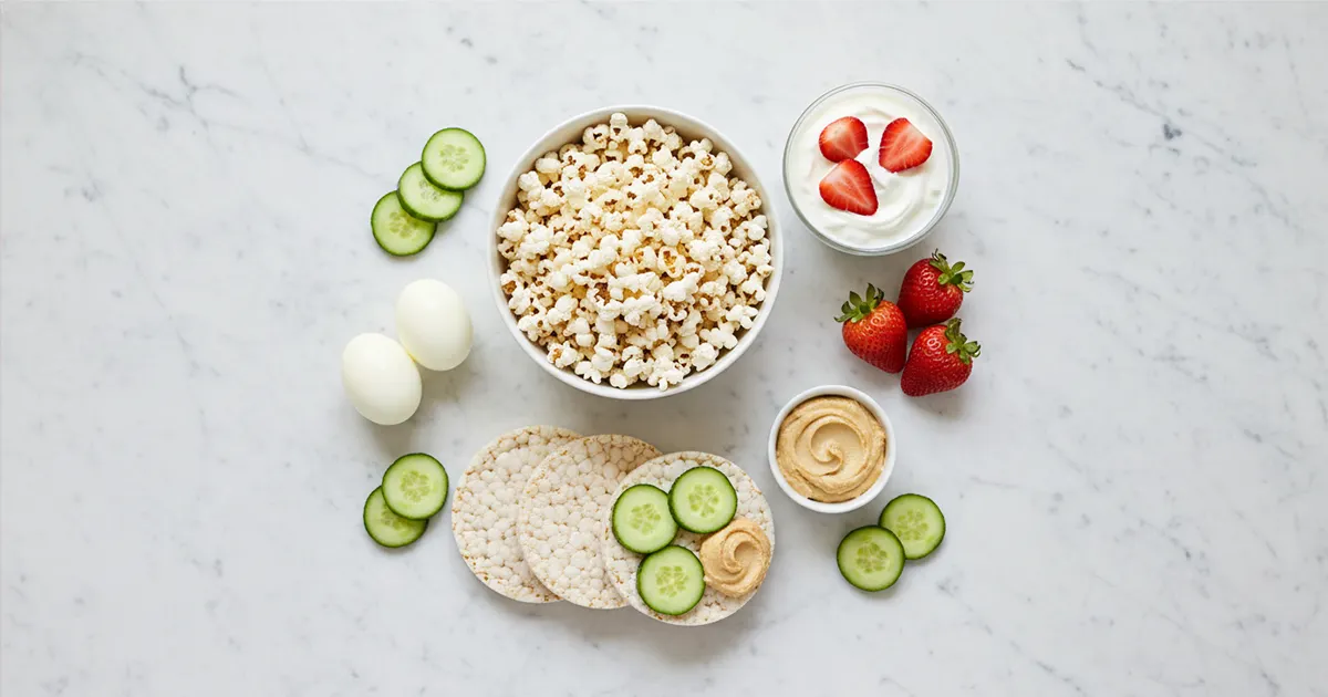 assortment of low calorie snacks on white marble surface including fruit, yogurt, and vegetables