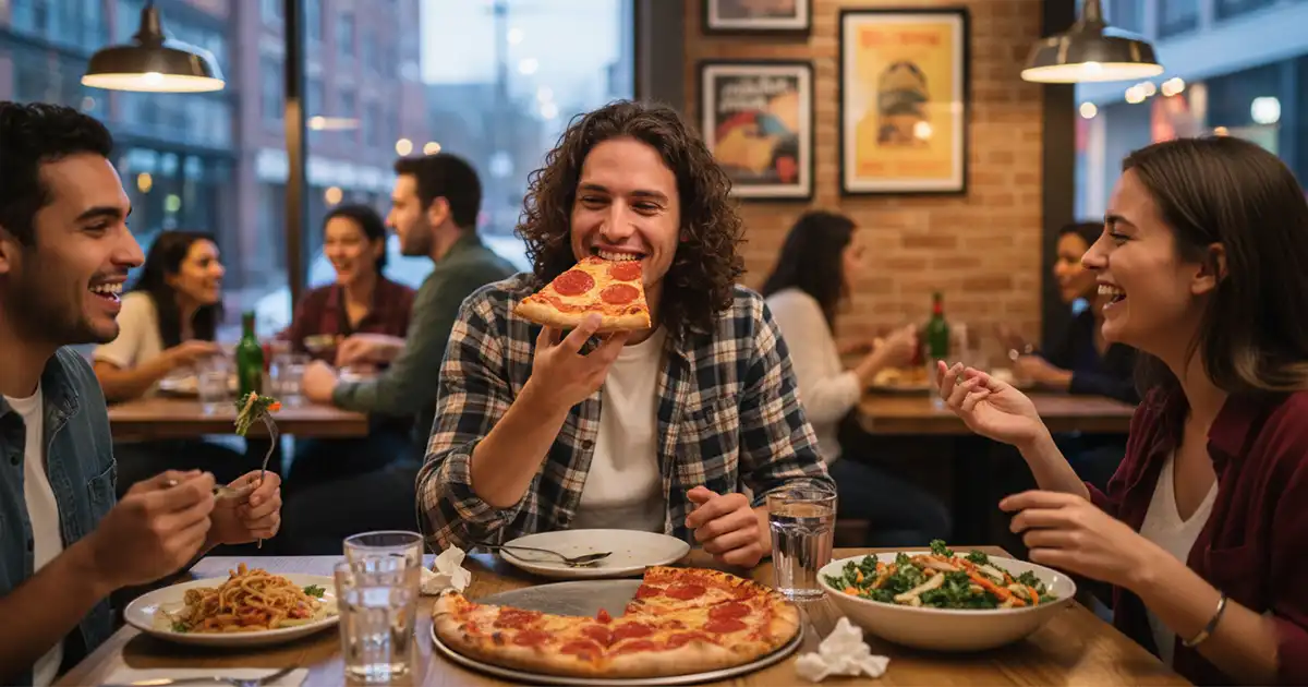 enjoying pizza while losing weight showing flexible dieting approach and balanced eating habits