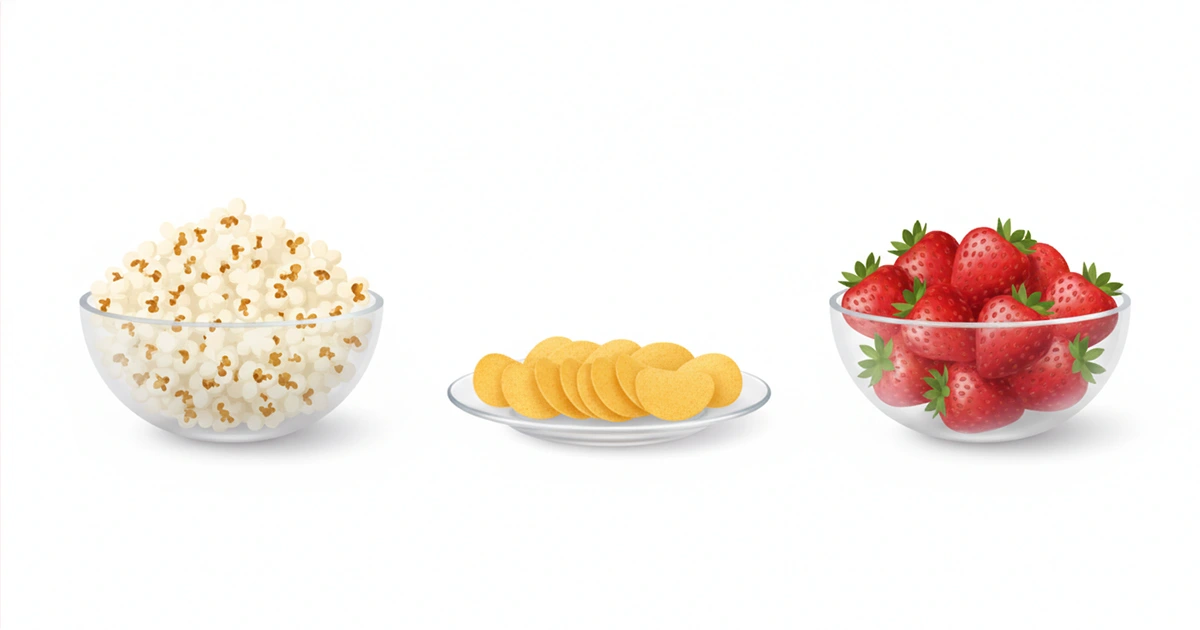 infographic comparing 100-calorie portion sizes of low calorie snacks including popcorn and berries
