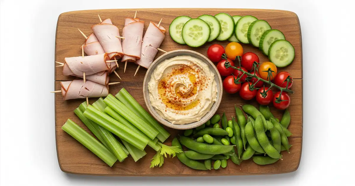 savory low calorie snacks on a wooden board including cucumber hummus turkey rollups and edamame