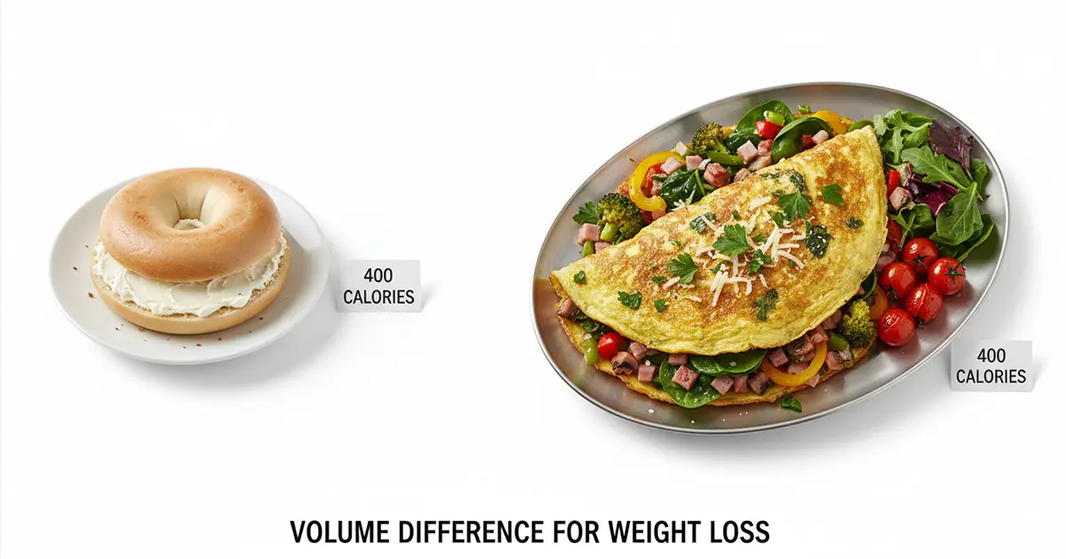 comparison of 400 calorie bagel versus 400 calorie high protein vegetable omelet showing portion size difference for weight loss