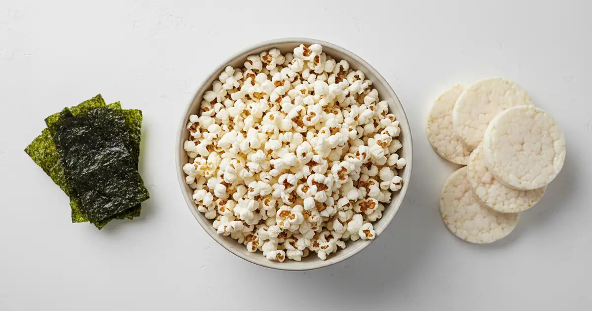 crunchy low calorie snacks including air-popped popcorn rice cakes and roasted seaweed