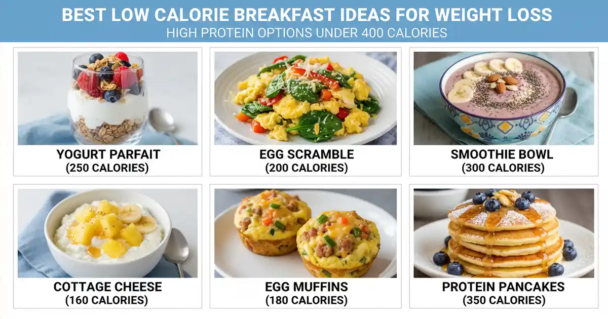 best low calorie breakfast ideas for weight loss showing variety of high protein options under 400 calories