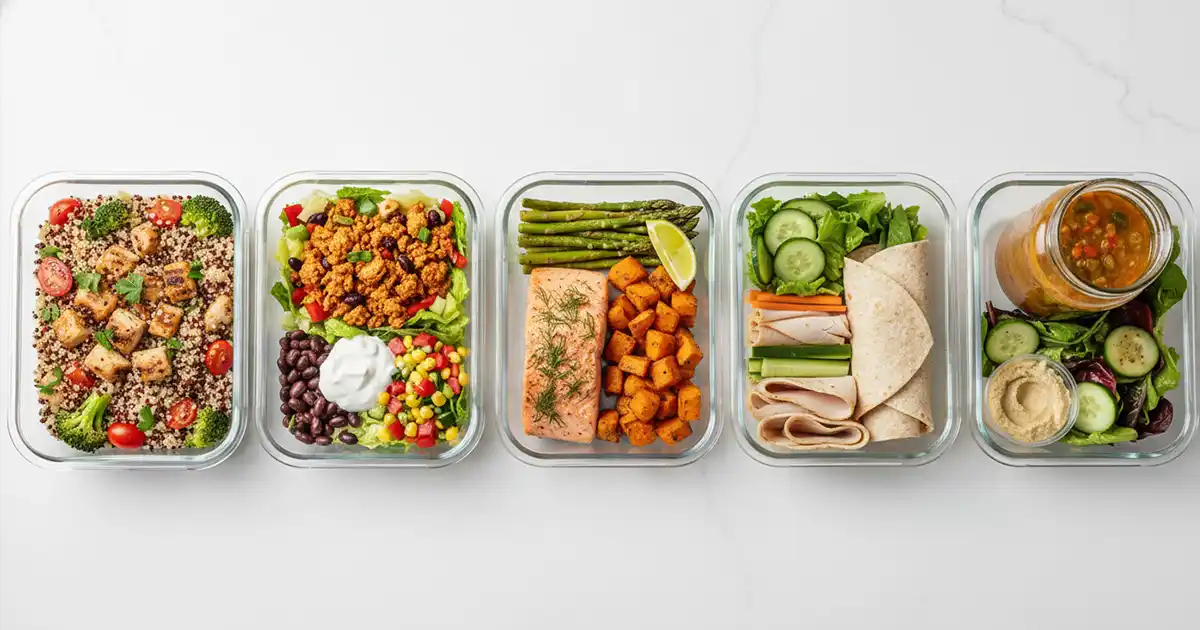 low calorie meal prep lunches for weight loss in containers showing variety of 400 calorie options