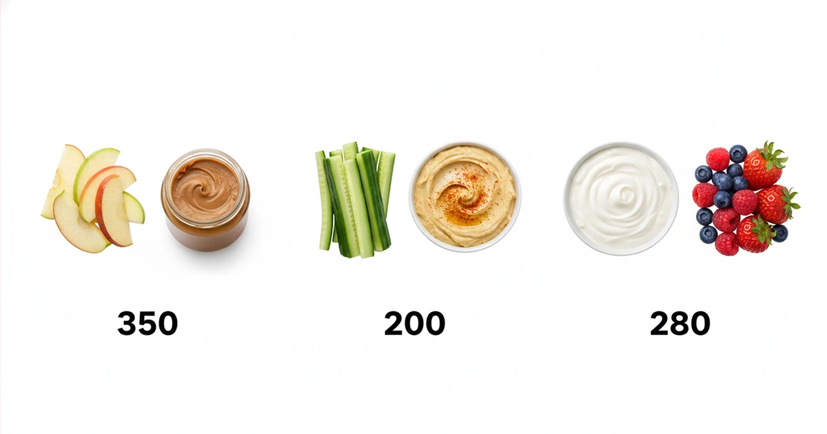low calorie snack pairing formula showing fiber and protein combinations with calorie counts