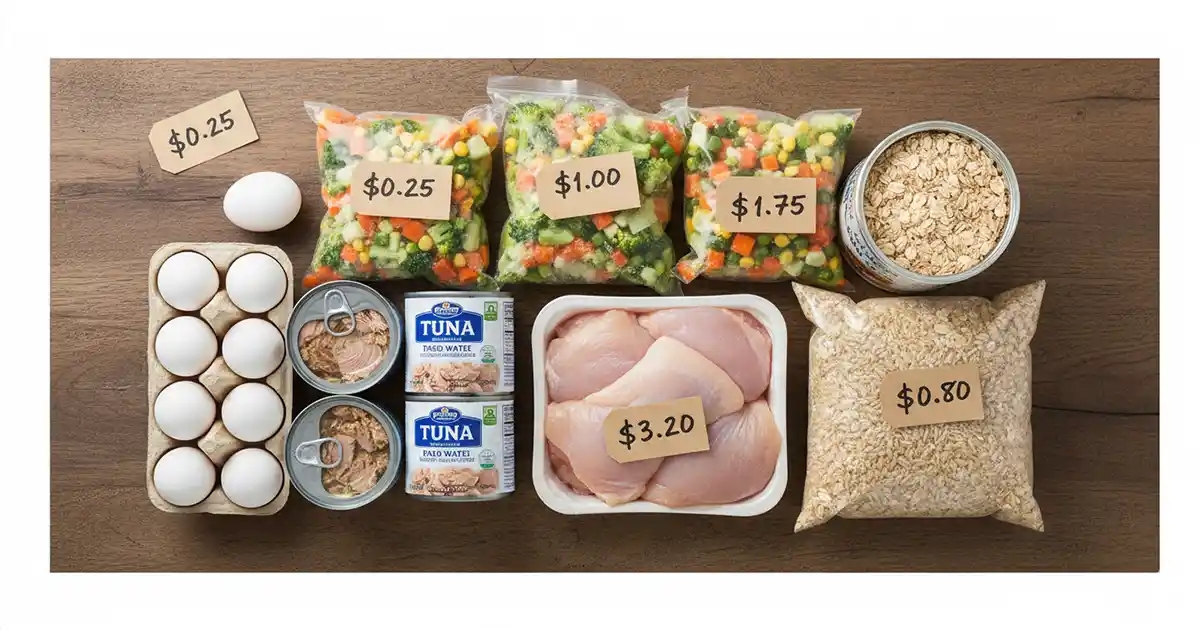 budget friendly low calorie groceries for weight loss showing affordable proteins vegetables and staples with prices