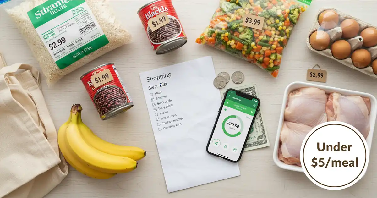 Budget-friendly grocery ingredients including rice, beans, eggs and frozen vegetables with price tags showing affordable costs