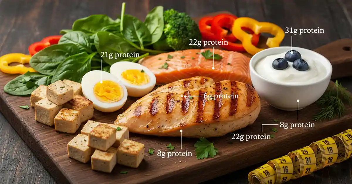 High protein food sources including grilled chicken breast, salmon, eggs, greek yogurt and tofu on wooden board