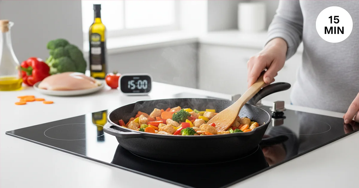 Quick one-pan chicken vegetable stir-fry cooking in skillet on stovetop for easy low calorie meal