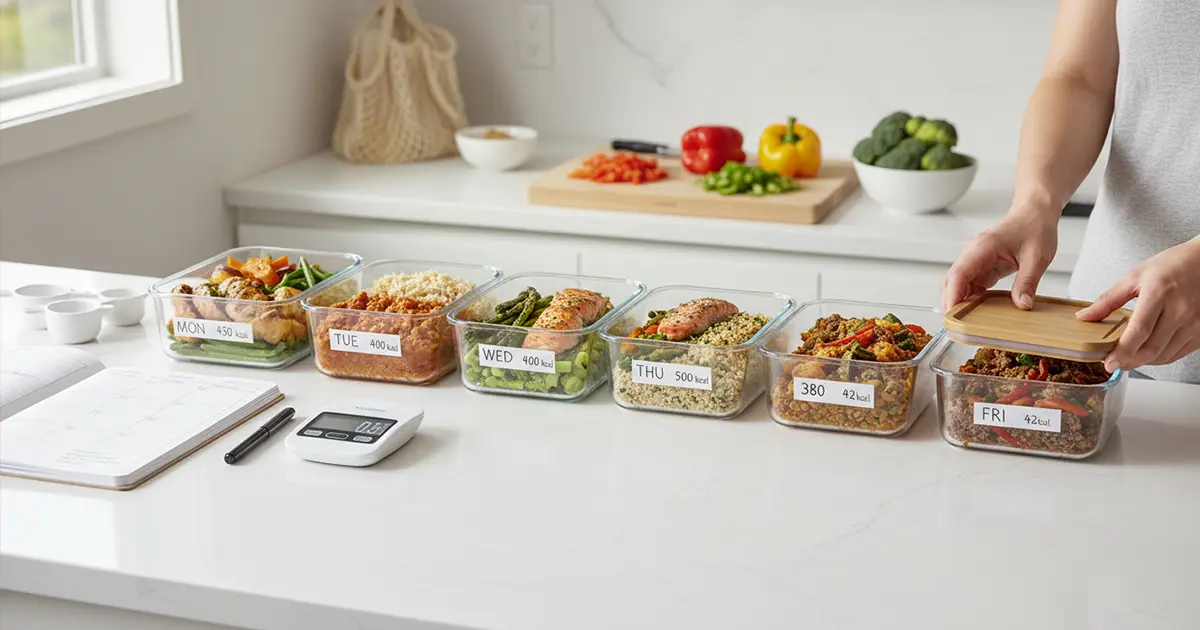 Row of glass meal prep containers filled with healthy low calorie meals labeled with days of week on kitchen counter