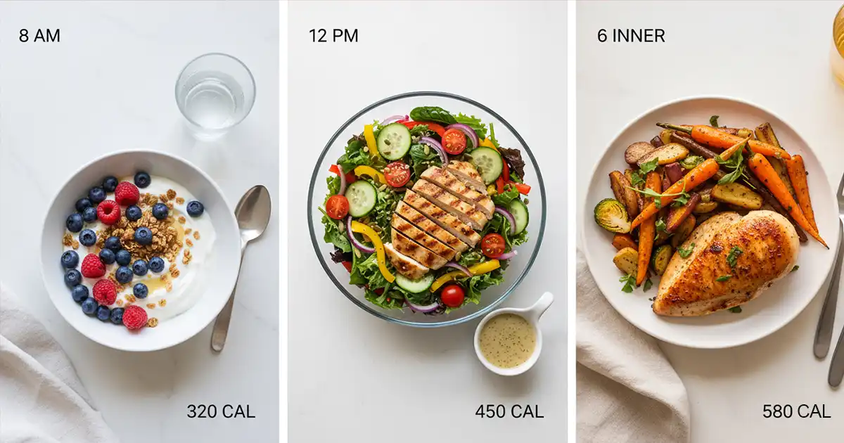 Three low calorie meals showing breakfast yogurt bowl, lunch salad, and dinner chicken with vegetables representing daily meal plan