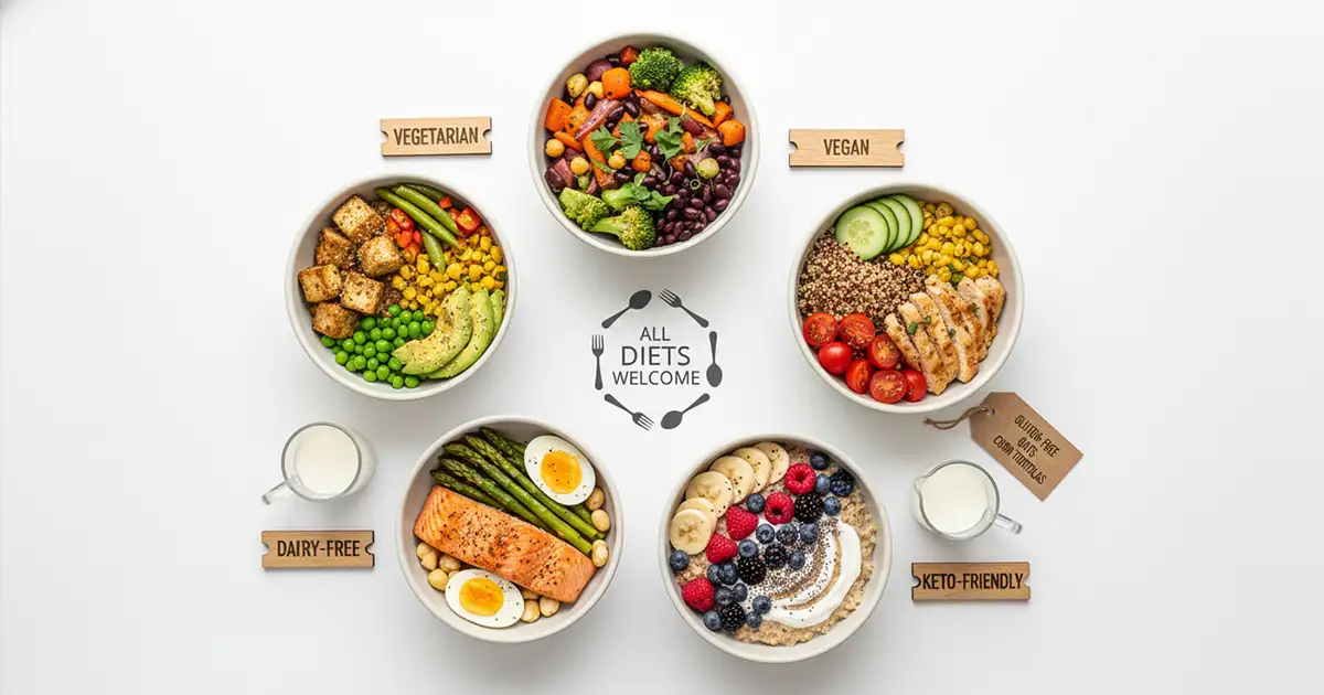 Variety of low calorie meals arranged in circle showing vegetarian, vegan, gluten-free, dairy-free and keto dietary options