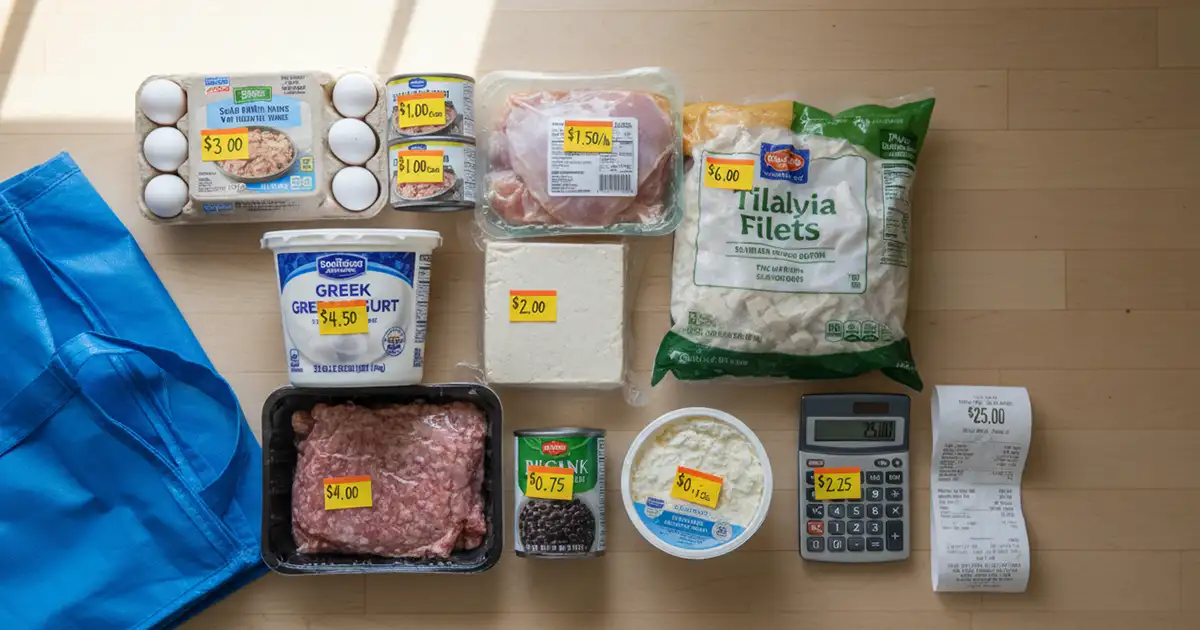 budget friendly high protein grocery haul showing eggs canned tuna chicken thighs greek yogurt tofu with price tags