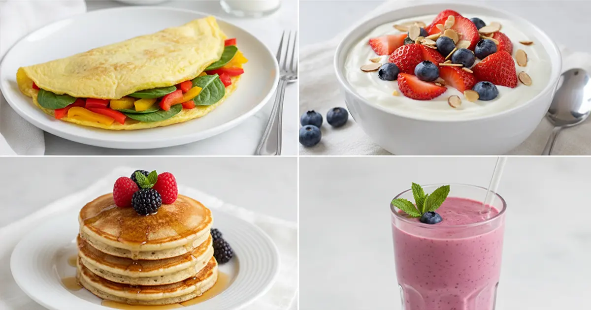collage of four high protein low calorie breakfast ideas egg omelet greek yogurt bowl protein pancakes and smoothie