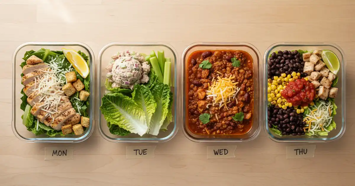row of meal prep containers with high protein low calorie lunches chicken salad tuna wraps turkey chili burrito bowl