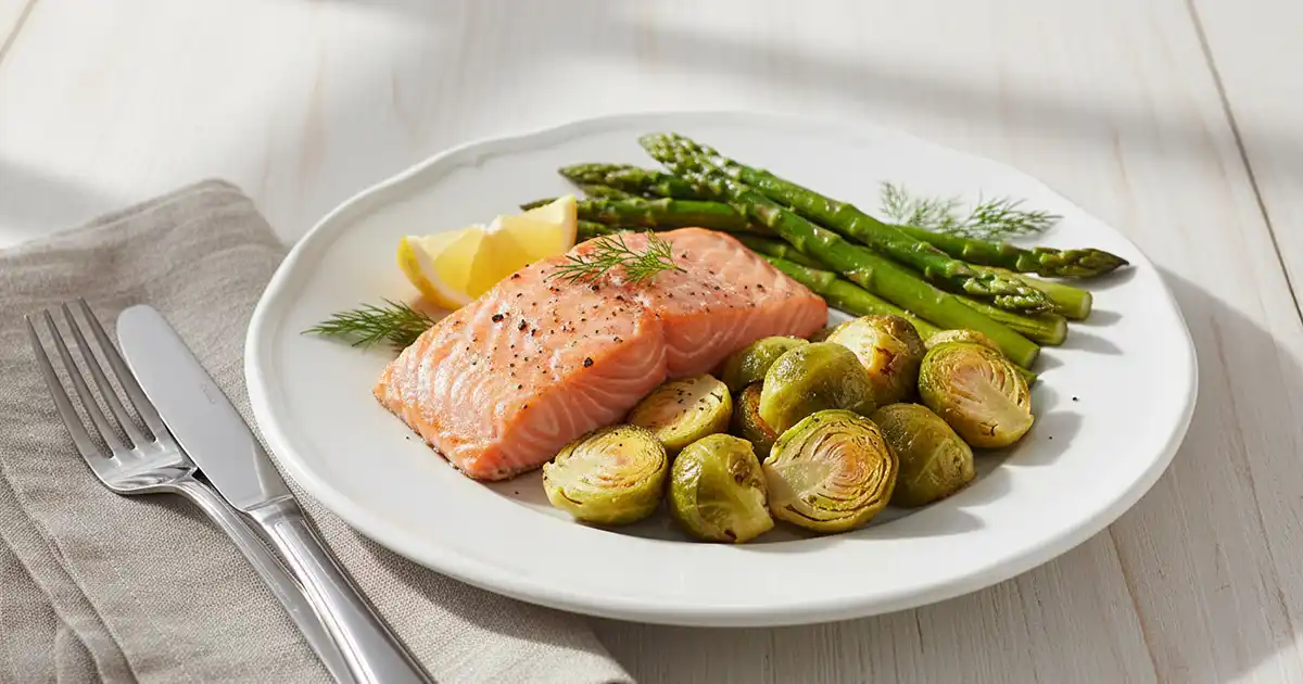 plated high protein low calorie dinner baked salmon with roasted asparagus and brussels sprouts on white plate