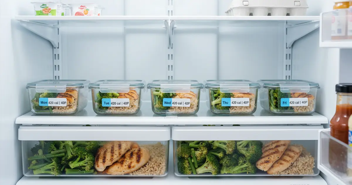 organized refrigerator shelf with five labeled glass meal prep containers showing high protein low calorie meals for the week