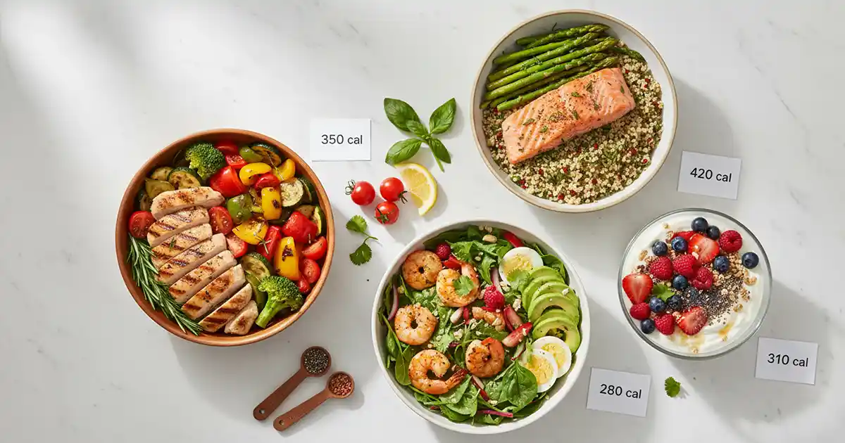 variety of low calorie meals for weight loss including high protein chicken bowls salmon and greek yogurt on white surface